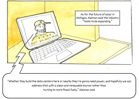 In the tenth section of comics, the panel shows an illustration of a man speaking from a laptop on a desk, on a video call.